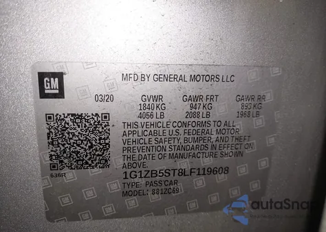 2020 Chevrolet Malibu Fwd Ls z USA, uszkodzony, nr VIN 1G1ZB5ST8LF119608